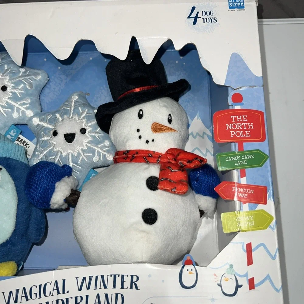 Bark Wagical Winter Wonderland 4 Dog Toys Squeaker Penguin Snowman Snowflake New